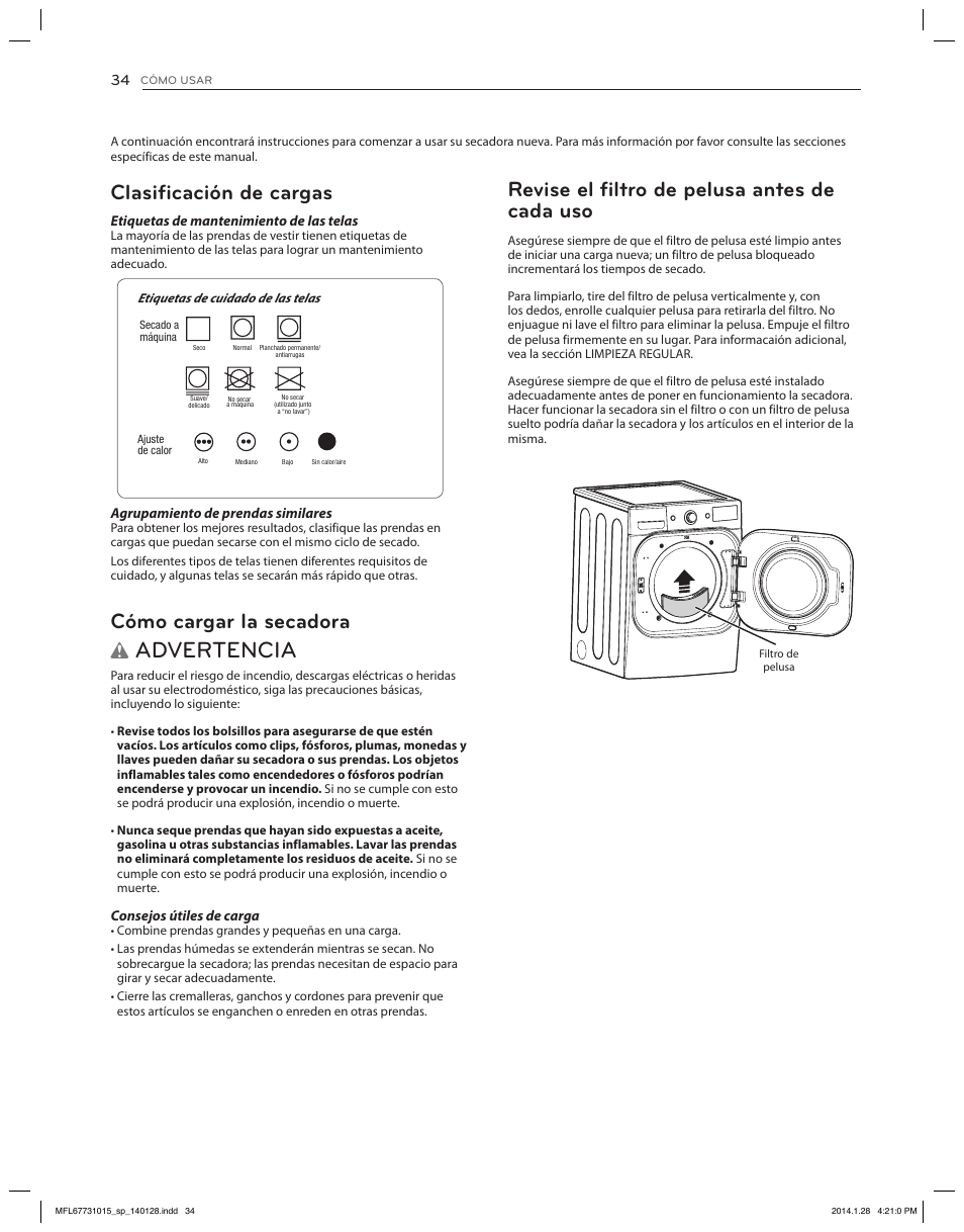 Advertencia, Revise el filtro de pelusa antes de cada uso, Clasificación de cargas | Cómo cargar la secadora | LG DLGX8501V User Manual | Page 84 / 108