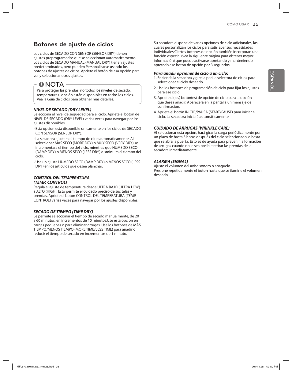 Nota, Botones de ajuste de ciclos | LG DLGX8501V User Manual | Page 85 / 108