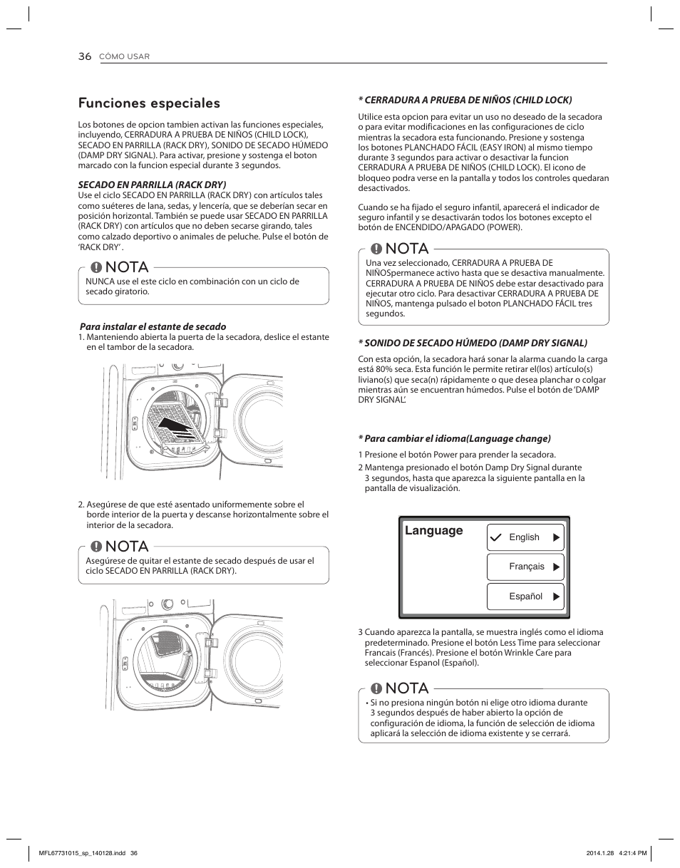 Nota, Funciones especiales, Language | LG DLGX8501V User Manual | Page 86 / 108