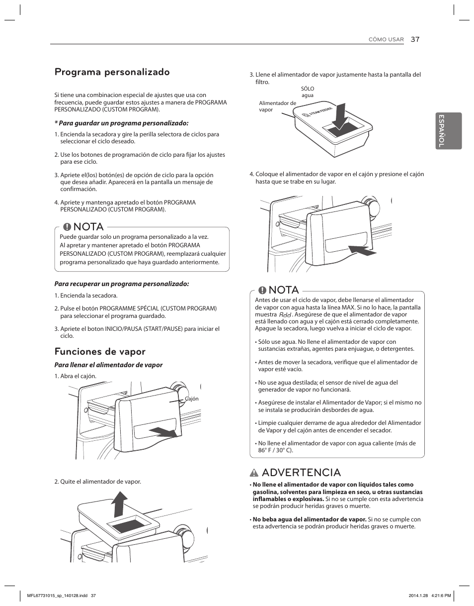 Advertencia, Nota, Funciones de vapor | Programa personalizado | LG DLGX8501V User Manual | Page 87 / 108