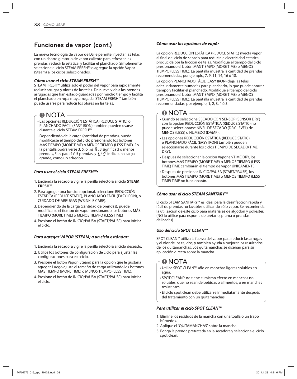 Nota, Funciones de vapor (cont.) | LG DLGX8501V User Manual | Page 88 / 108