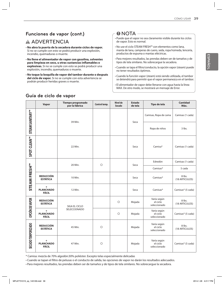 Nota, Advertencia, Funciones de vapor (cont.) | Guía de ciclo de vapor, St ea m sani tar y, Sp ot clean, St ea m f resh, Opci ón de vap or, Sec ado te mp ori za do | LG DLGX8501V User Manual | Page 89 / 108