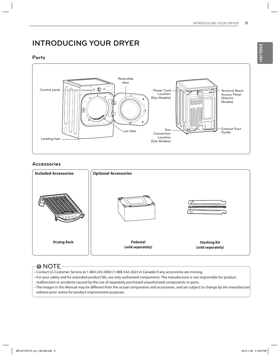 Introducing your dryer, Parts accessories | LG DLGX8501V User Manual | Page 9 / 108