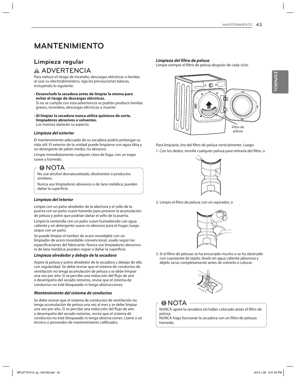 Mantenimiento, Advertencia, Nota | Limpieza regular | LG DLGX8501V User Manual | Page 93 / 108