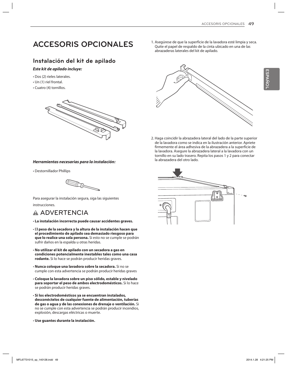 Accesoris opcionales, Advertencia, Instalación del kit de apilado | LG DLGX8501V User Manual | Page 99 / 108