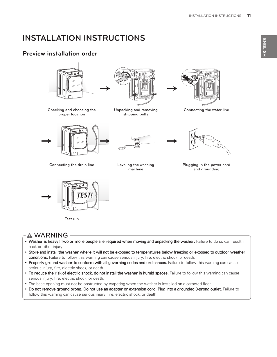 Installation instructions, Warning, Preview installation order | LG WM8000HWA User Manual | Page 11 / 80