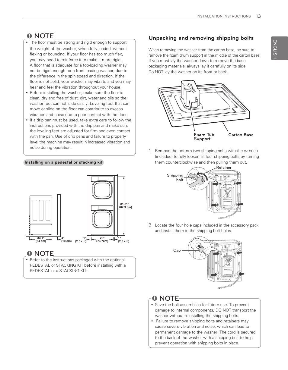 Unpacking and removing shipping bolts | LG WM8000HWA User Manual | Page 13 / 80