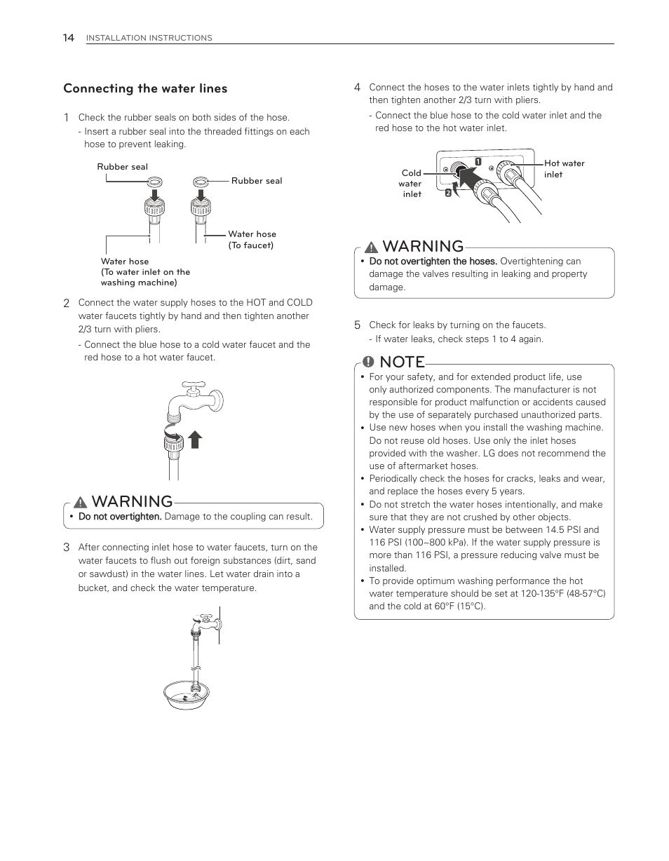 Warning, Connecting the water lines | LG WM8000HWA User Manual | Page 14 / 80