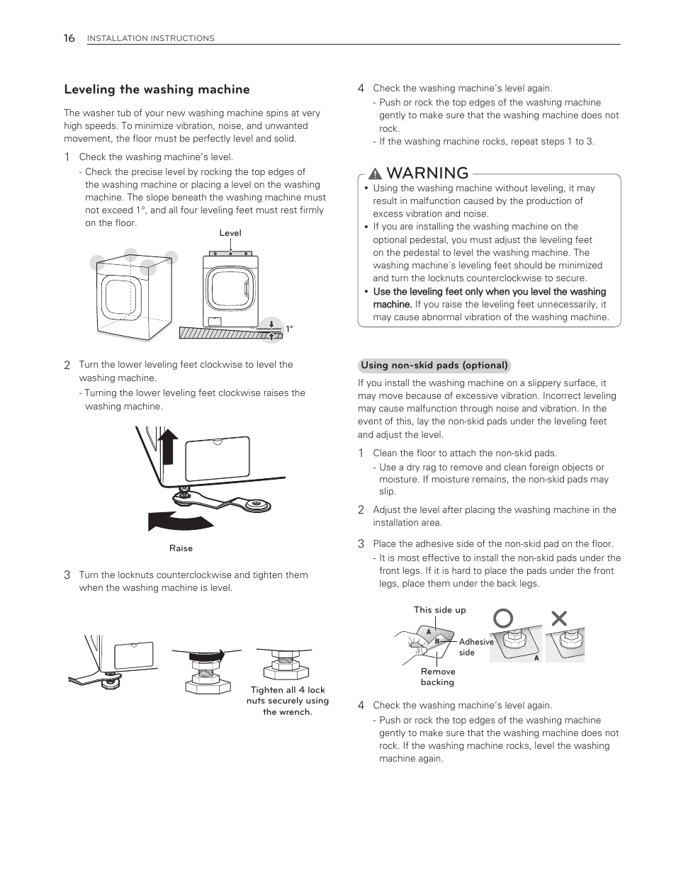 Warning, Leveling the washing machine | LG WM8000HWA User Manual | Page 16 / 80