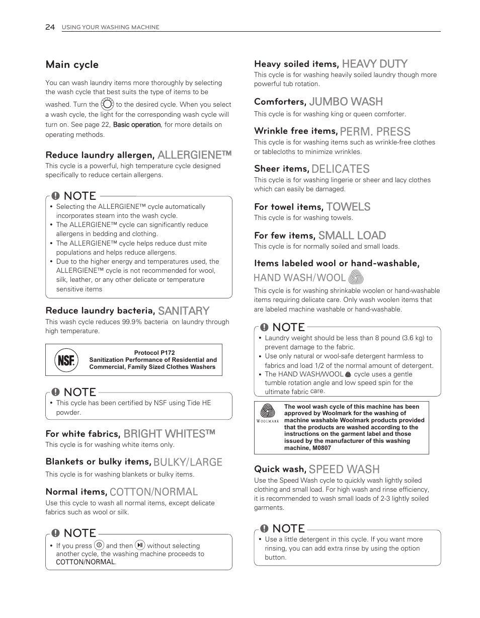 Main cycle, Heavy duty, Jumbo wash | Towels, Small load, Allergiene, Sanitary, Bright whites | LG WM8000HWA User Manual | Page 24 / 80