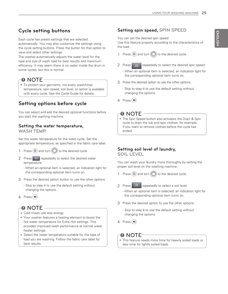 Cycle setting buttons, Setting options before cycle | LG WM8000HWA User Manual | Page 25 / 80