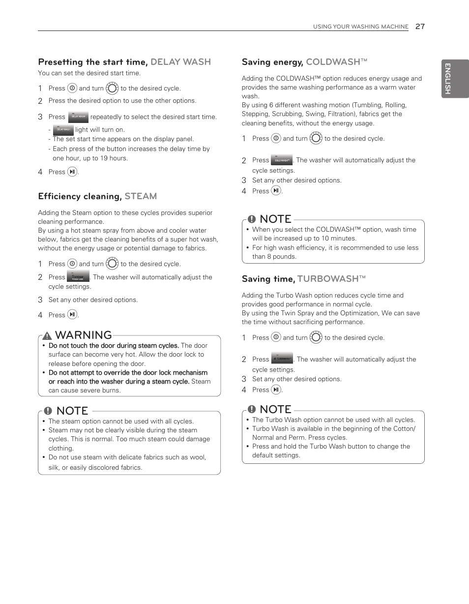 Warning, Presetting the start time, delay wash, Efficiency cleaning, steam | Saving energy, coldwash, Saving time, turbowash | LG WM8000HWA User Manual | Page 27 / 80