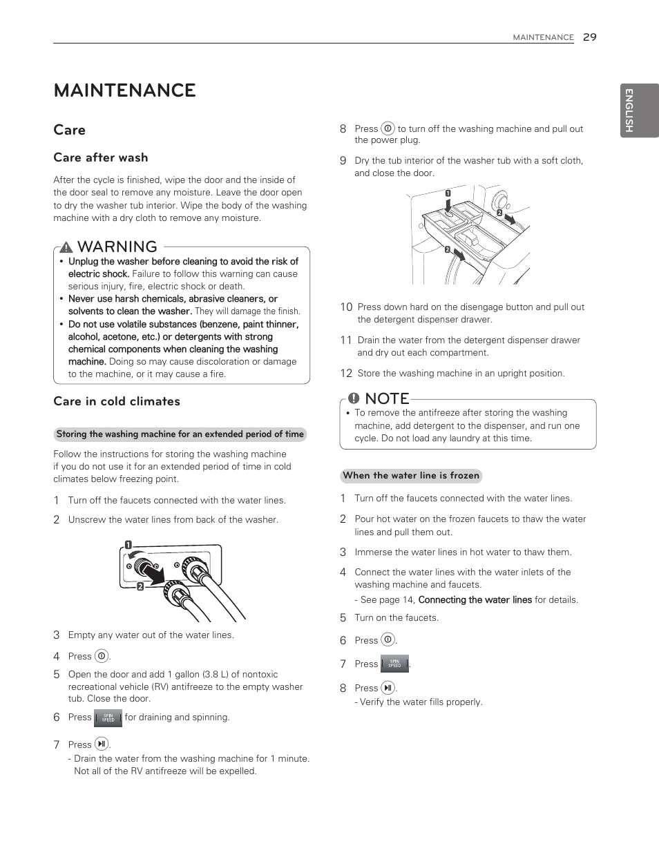 Maintenance, Warning, Care | Care after wash, Care in cold climates | LG WM8000HWA User Manual | Page 29 / 80