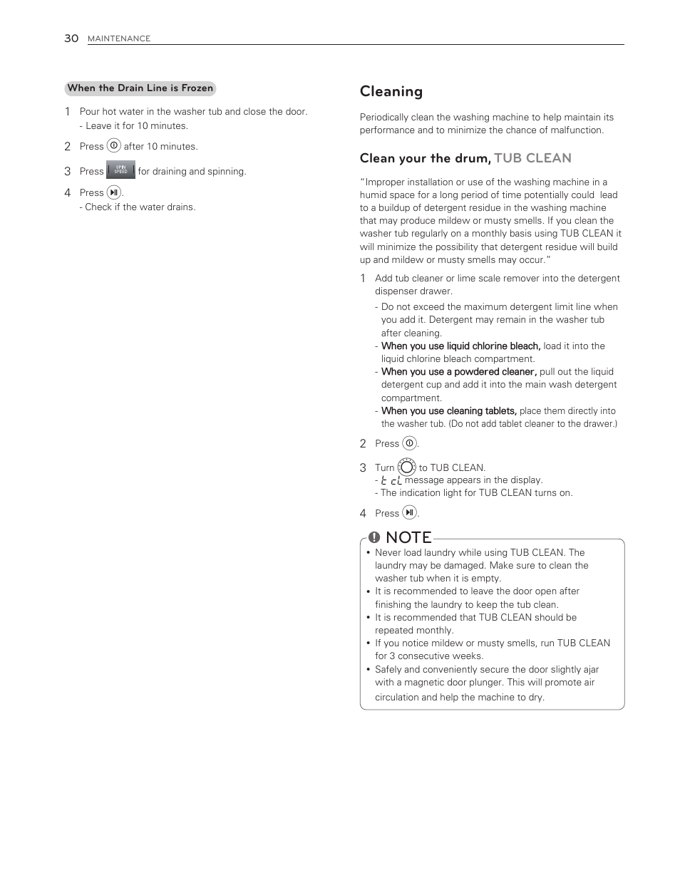 Cleaning, Clean your the drum, tub clean | LG WM8000HWA User Manual | Page 30 / 80