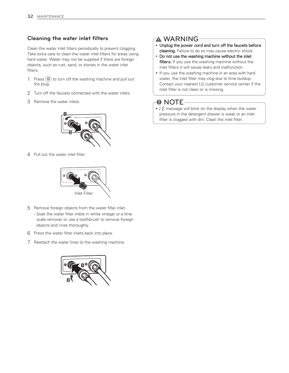 Warning, Cleaning the water inlet filters | LG WM8000HWA User Manual | Page 32 / 80