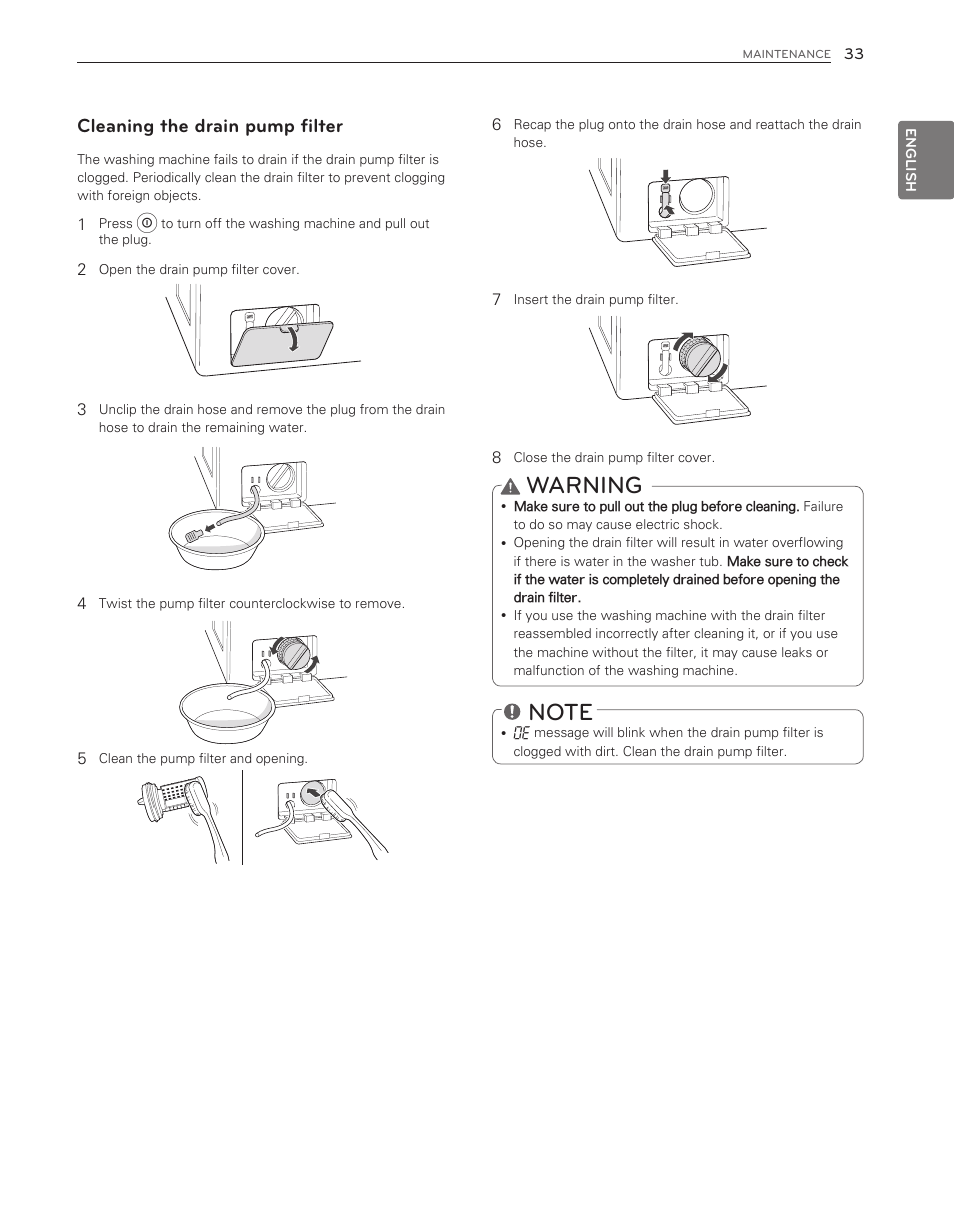 Warning, Cleaning the drain pump filter | LG WM8000HWA User Manual | Page 33 / 80