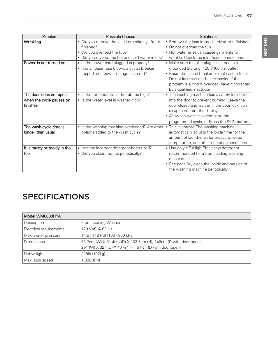 Specifications | LG WM8000HWA User Manual | Page 37 / 80