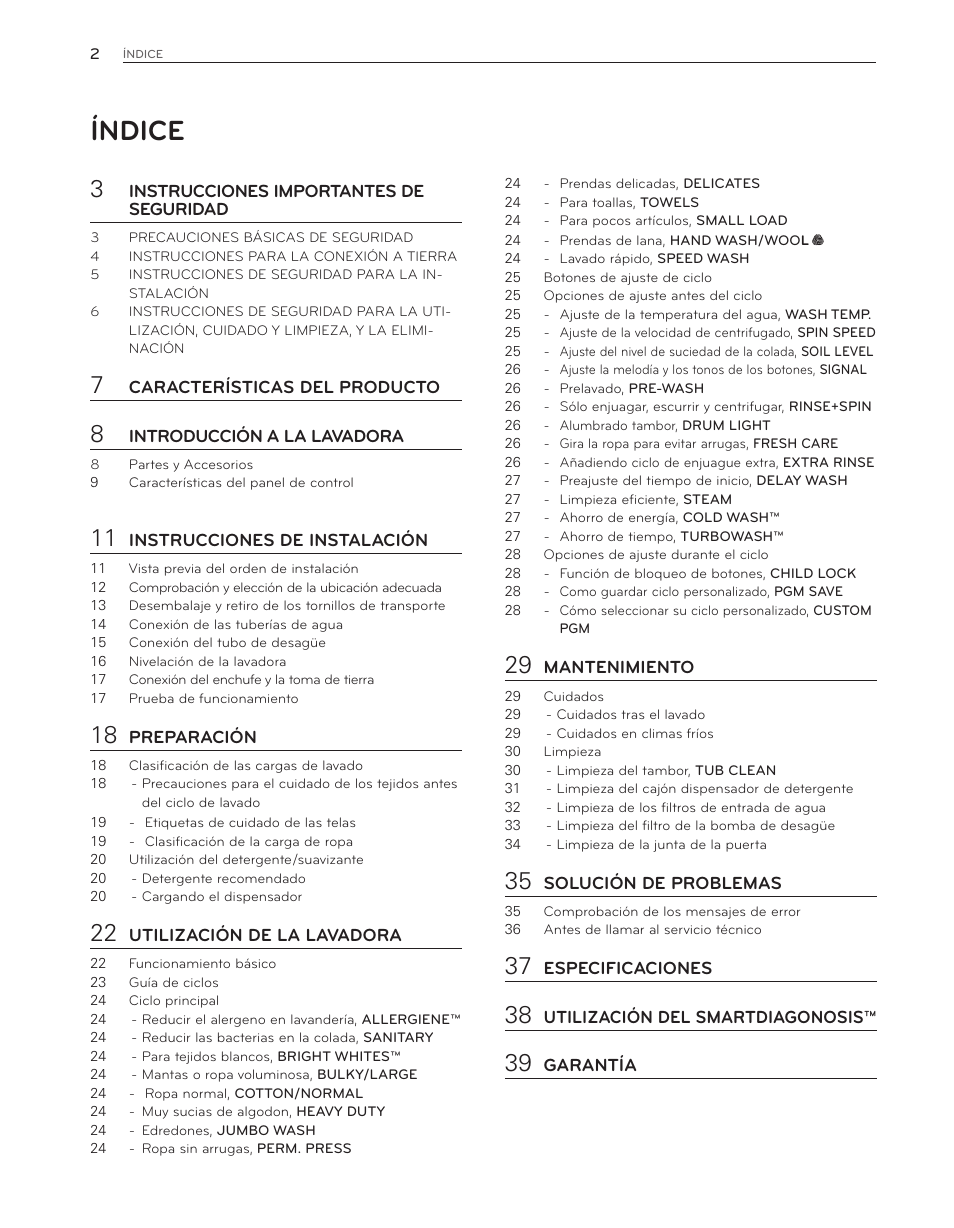 Índice | LG WM8000HWA User Manual | Page 42 / 80