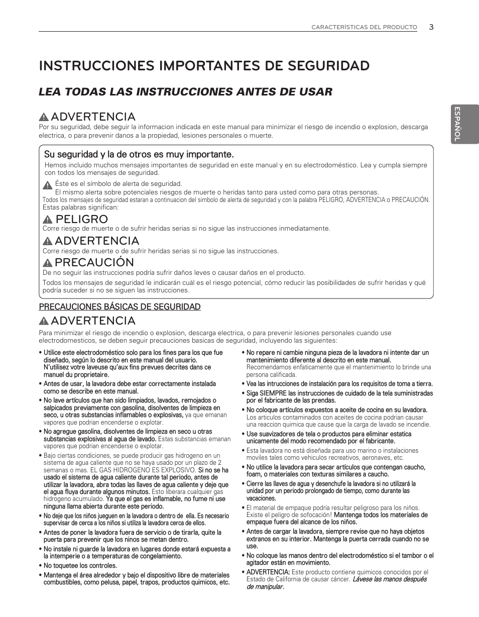 Instrucciones importantes de seguridad, Advertencia, Peligro | Precaución, Lea todas las instrucciones antes de usar, Su seguridad y la de otros es muy importante | LG WM8000HWA User Manual | Page 43 / 80