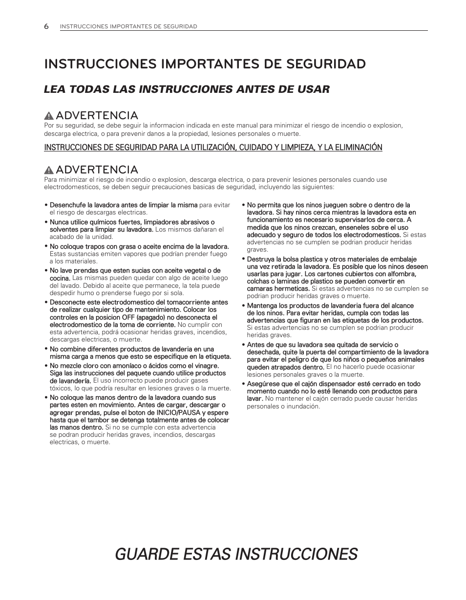 Guarde estas instrucciones, Instrucciones importantes de seguridad, Advertencia | Lea todas las instrucciones antes de usar | LG WM8000HWA User Manual | Page 46 / 80