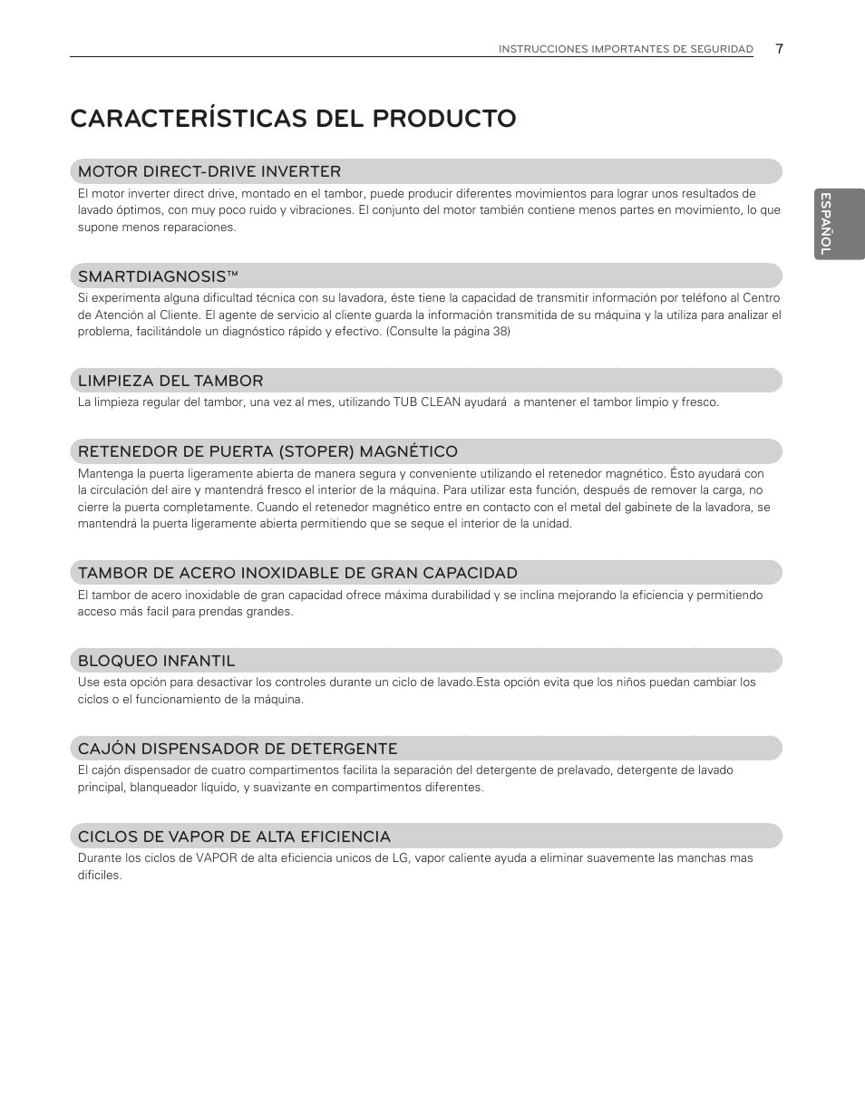 Características del producto | LG WM8000HWA User Manual | Page 47 / 80