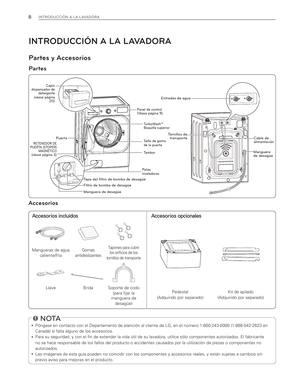 Introducción a la lavadora, Nota, Partes y accesorios | Accesorios, Partes | LG WM8000HWA User Manual | Page 48 / 80