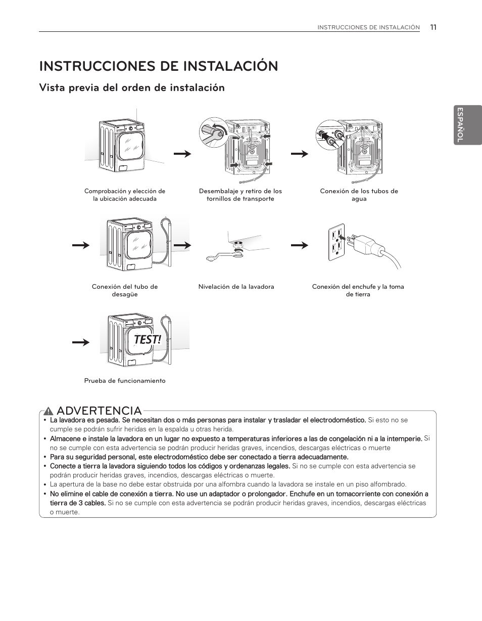 Instrucciones de instalación, Advertencia, Vista previa del orden de instalación | LG WM8000HWA User Manual | Page 51 / 80