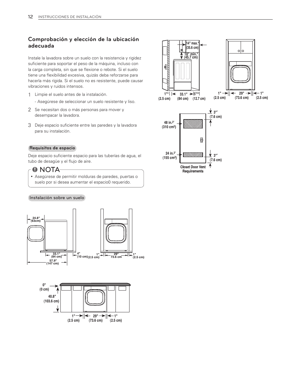 Nota, Comprobación y elección de la ubicación adecuada | LG WM8000HWA User Manual | Page 52 / 80