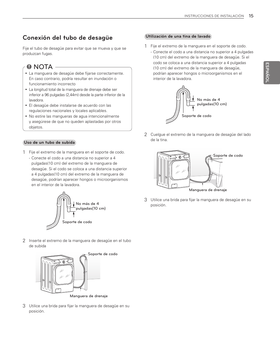 Nota, Conexión del tubo de desagüe | LG WM8000HWA User Manual | Page 55 / 80