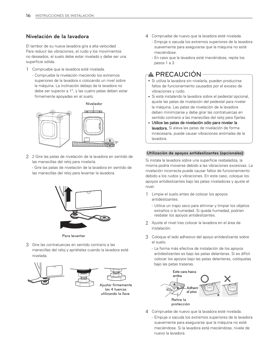 Precaución, Nivelación de la lavadora | LG WM8000HWA User Manual | Page 56 / 80