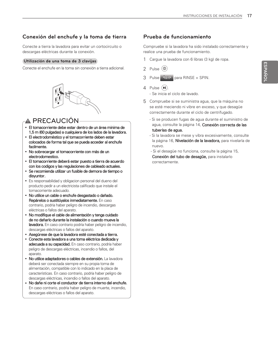 Precaución, Conexión del enchufe y la toma de tierra, Prueba de funcionamiento | LG WM8000HWA User Manual | Page 57 / 80