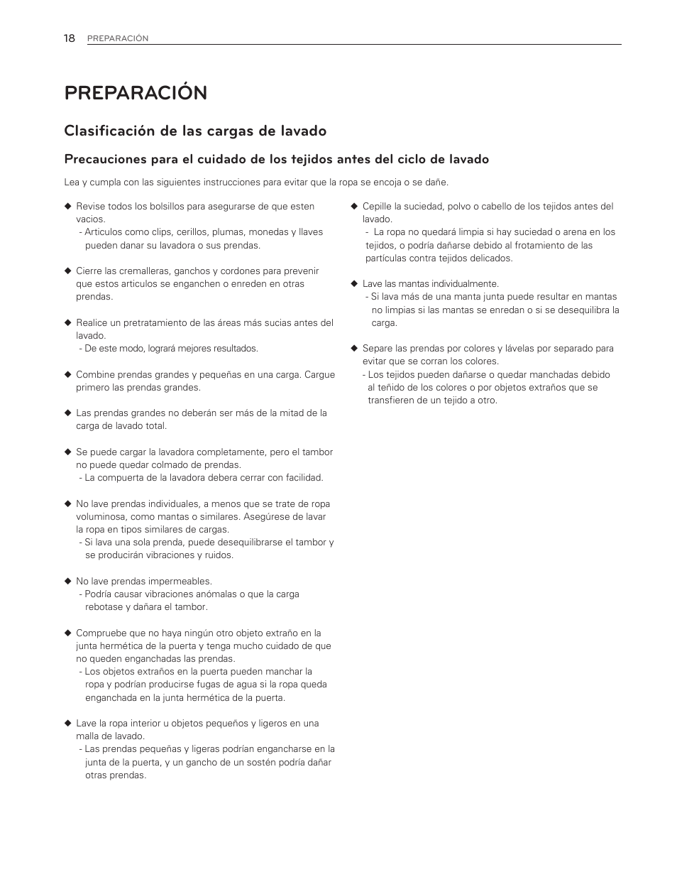 Preparación, Clasificación de las cargas de lavado | LG WM8000HWA User Manual | Page 58 / 80