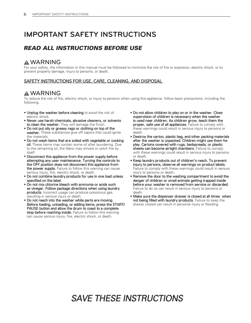 Save these instructions, Important safety instructions, Warning | Read all instructions before use | LG WM8000HWA User Manual | Page 6 / 80