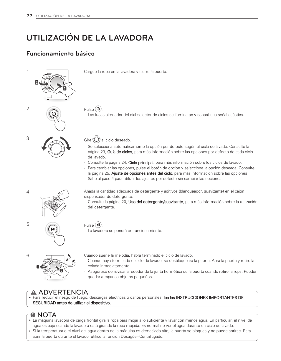 Utilización de la lavadora, Nota, Advertencia | Funcionamiento básico | LG WM8000HWA User Manual | Page 62 / 80