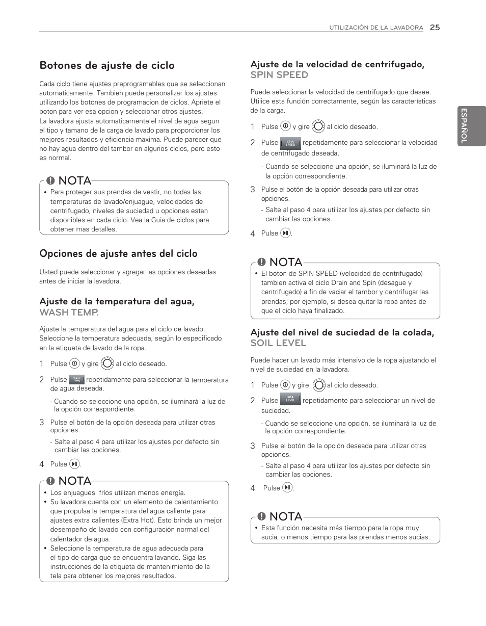 Nota, Botones de ajuste de ciclo, Opciones de ajuste antes del ciclo | Ajuste de la temperatura del agua, wash temp, Ajuste de la velocidad de centrifugado, spin speed | LG WM8000HWA User Manual | Page 65 / 80