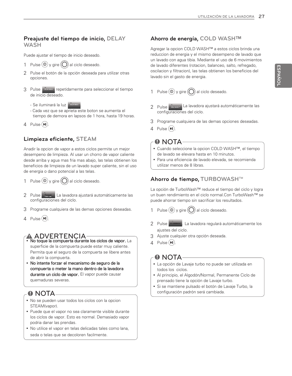 Advertencia, Nota, Preajuste del tiempo de inicio, delay wash | Limpieza eficiente, steam, Ahorro de energía, cold wash, Ahorro de tiempo, turbowash | LG WM8000HWA User Manual | Page 67 / 80