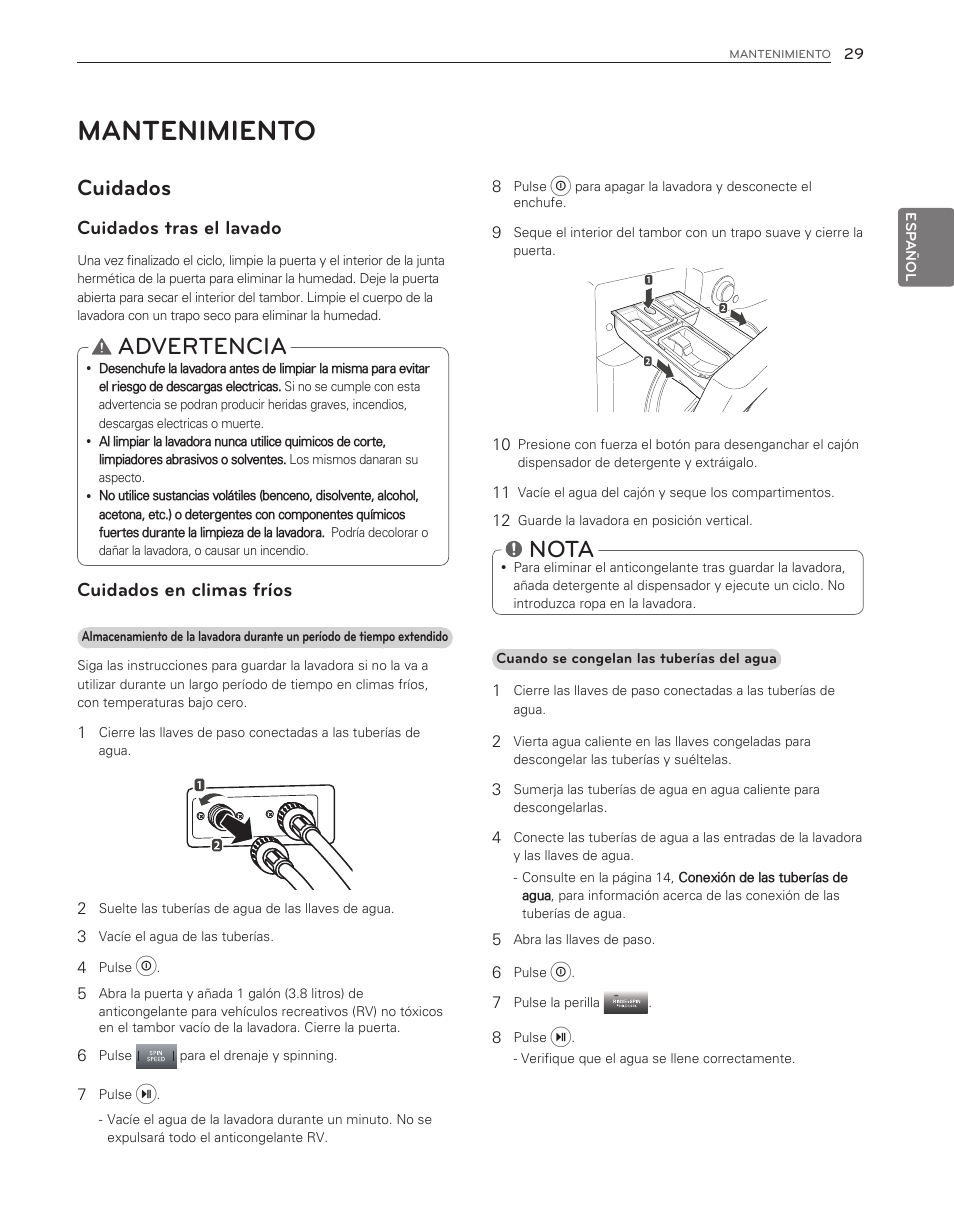 Mantenimiento, Advertencia, Nota | Cuidados, Cuidados tras el lavado, Cuidados en climas fríos | LG WM8000HWA User Manual | Page 69 / 80