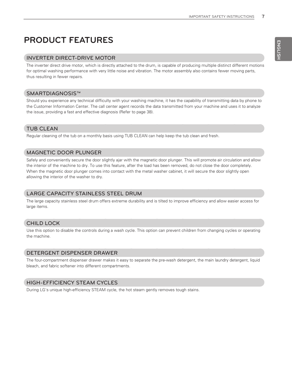 Product features | LG WM8000HWA User Manual | Page 7 / 80