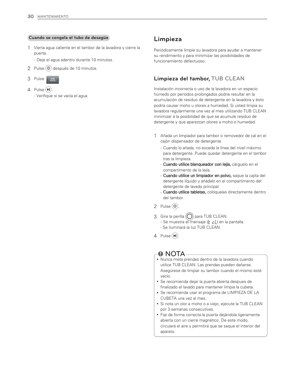 Nota, Limpieza, Limpieza del tambor, tub clean | LG WM8000HWA User Manual | Page 70 / 80