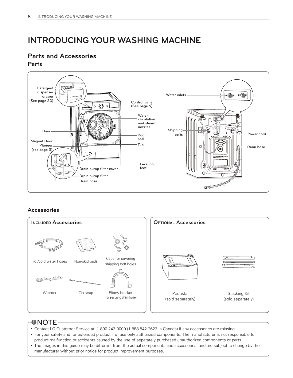 Introducing your washing machine, Parts and accessories, Parts | Accessories, Accessories o | LG WM8000HWA User Manual | Page 8 / 80