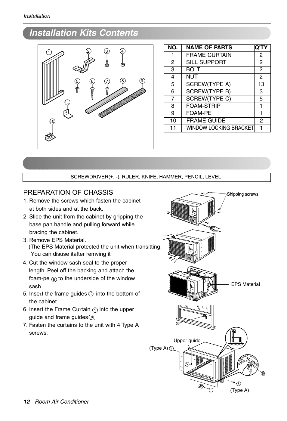 Installation kits contents, Suggested tool requirements, Preparation of chassis | LG LW1212HR User Manual | Page 12 / 44