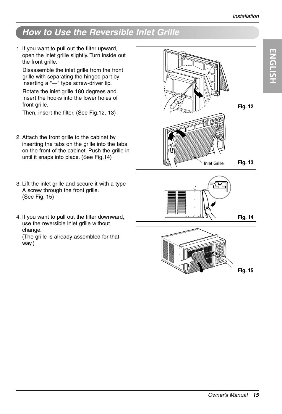 English, How to use the reversible inlet grille | LG LW1212HR User Manual | Page 15 / 44