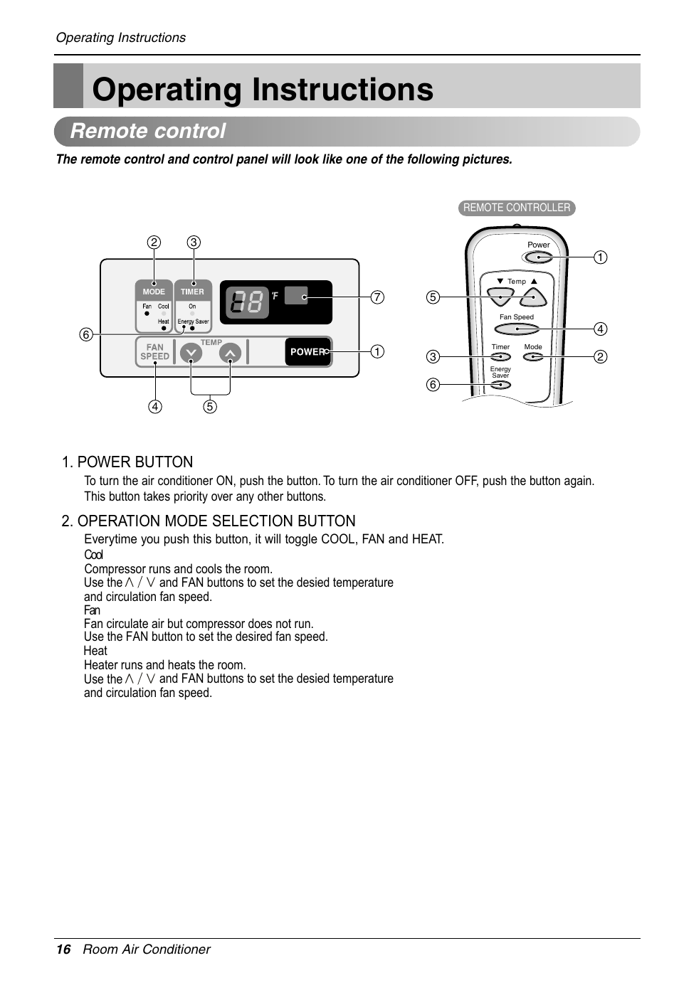 Operating instructions, Remote control, Power button | Operation mode selection button | LG LW1212HR User Manual | Page 16 / 44