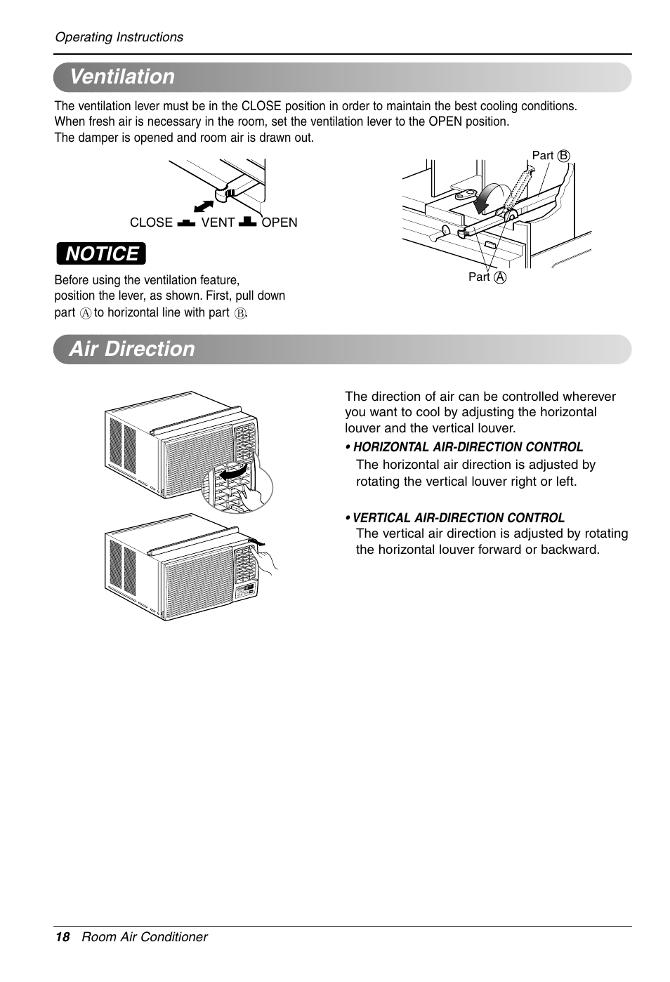 Ventilation, Air direction, Notice | LG LW1212HR User Manual | Page 18 / 44