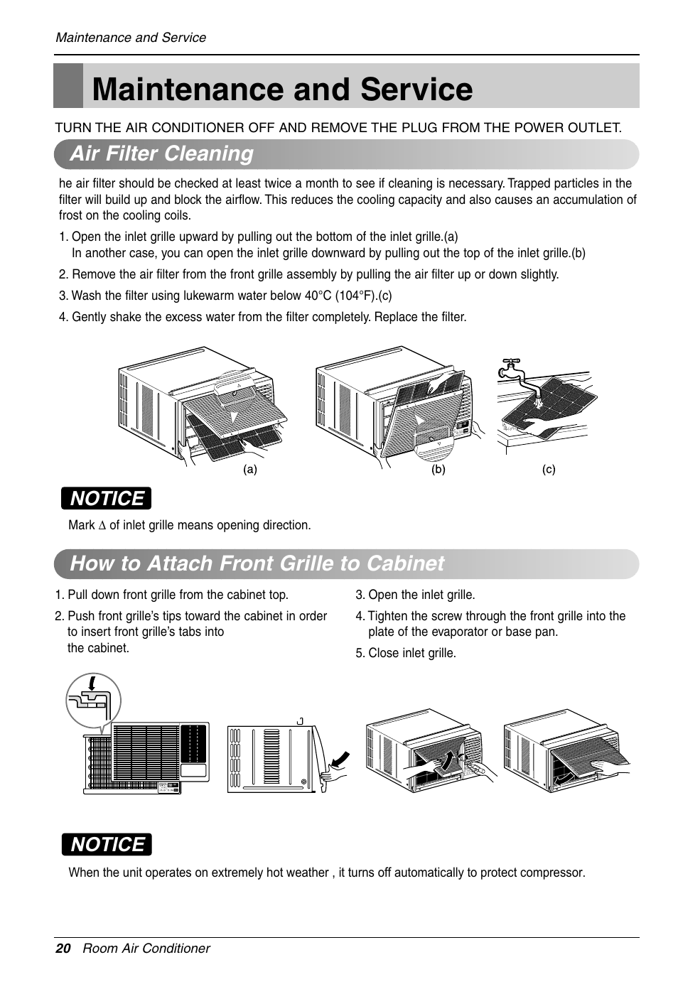 Maintenance and service, Notice | LG LW1212HR User Manual | Page 20 / 44