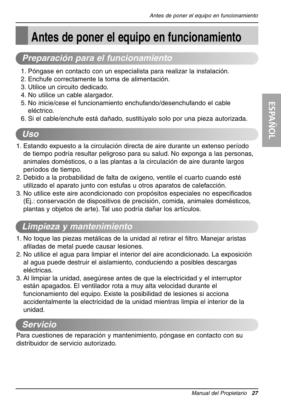 Antes de poner el equipo en funcionamiento, Esp añol | LG LW1212HR User Manual | Page 27 / 44