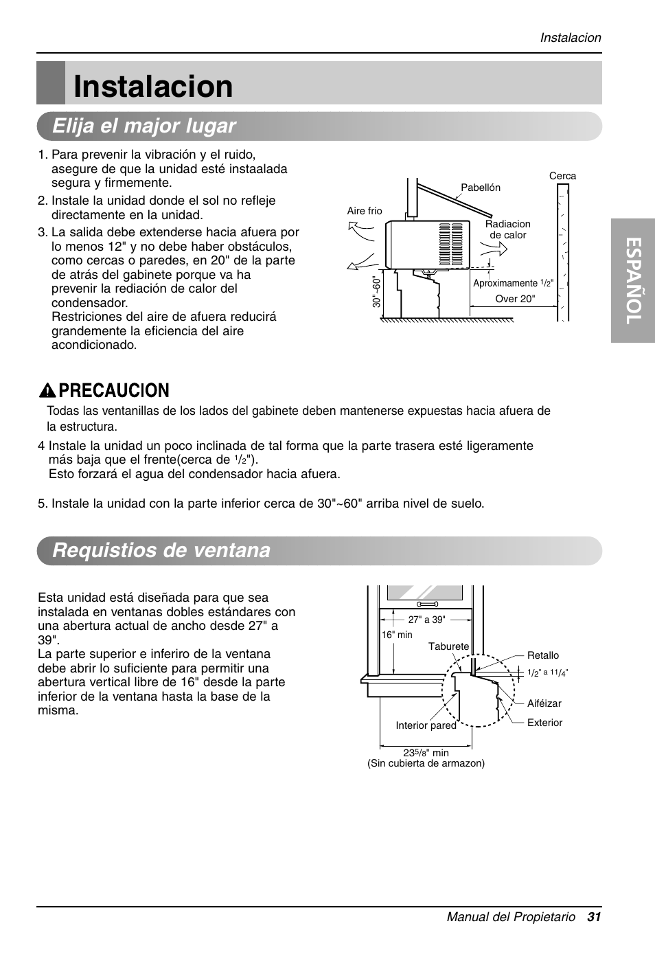 Instalacion, Esp añol, Elija el major lugar requistios de ventana | LG LW1212HR User Manual | Page 31 / 44