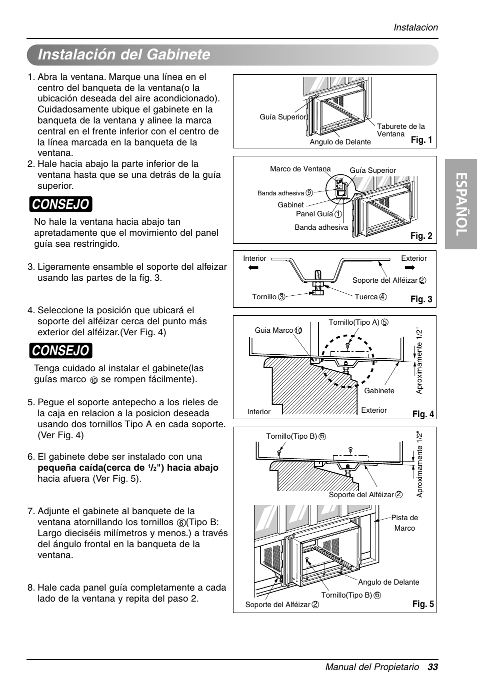 Esp añol, Instalación del gabinete, Consejo | LG LW1212HR User Manual | Page 33 / 44