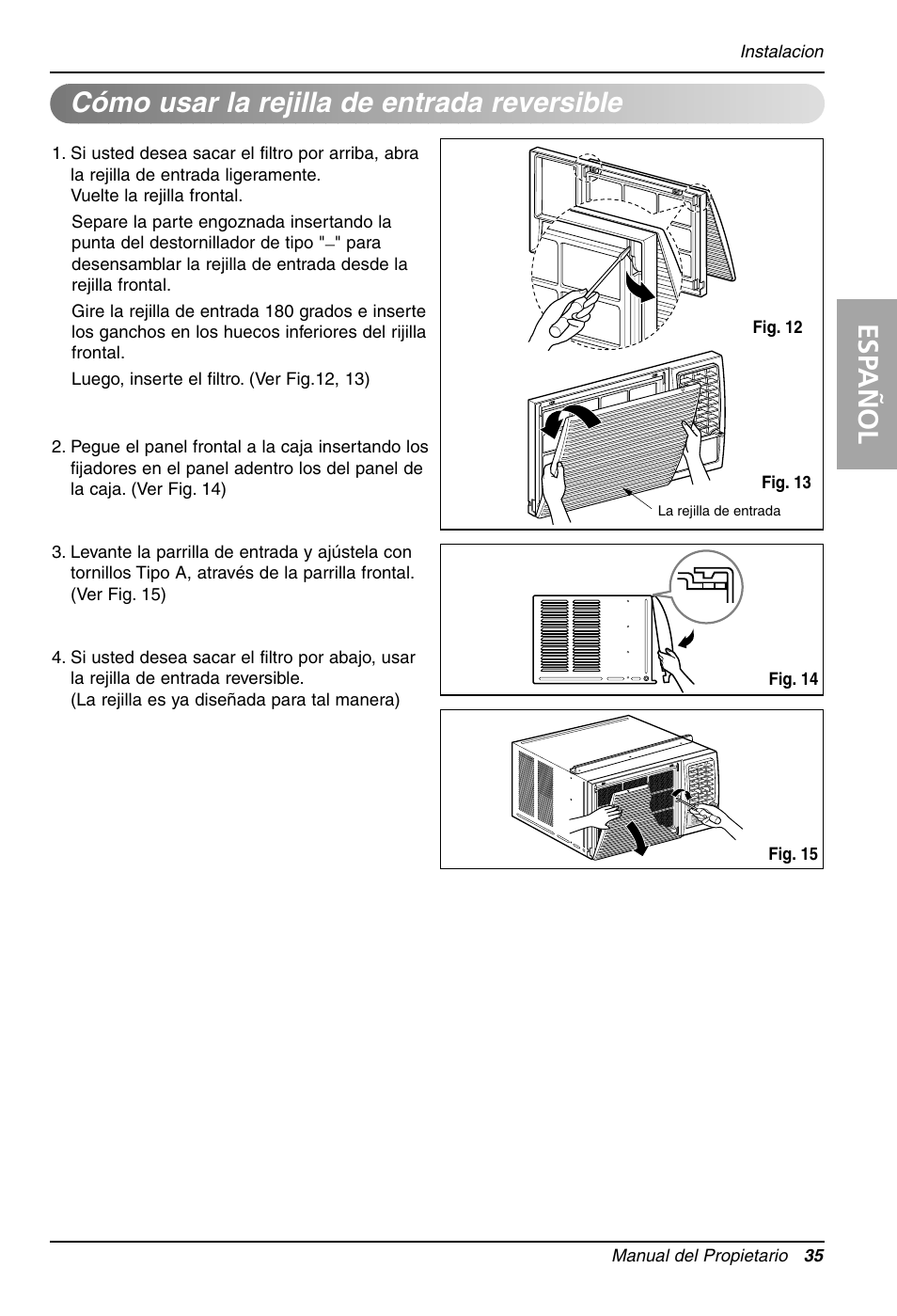 Esp añol, Cómo usar la rejilla de entrada reversible | LG LW1212HR User Manual | Page 35 / 44