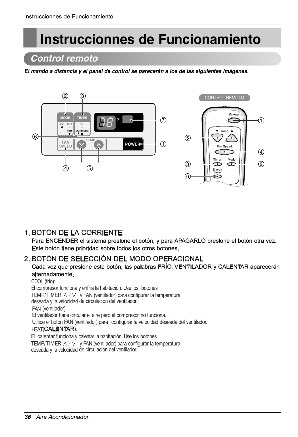 Instruccionnes de funcionamiento, Control remoto, Botón de la corriente | Botón de selección del modo operacional | LG LW1212HR User Manual | Page 36 / 44